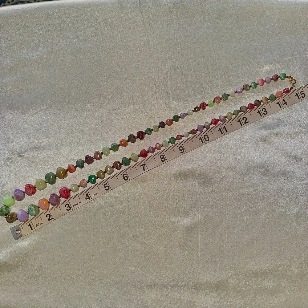 Vintage Graduated Lucite Marbled Stone Multicolor Beaded Necklace Gold Spacers - Picture 6 of 9